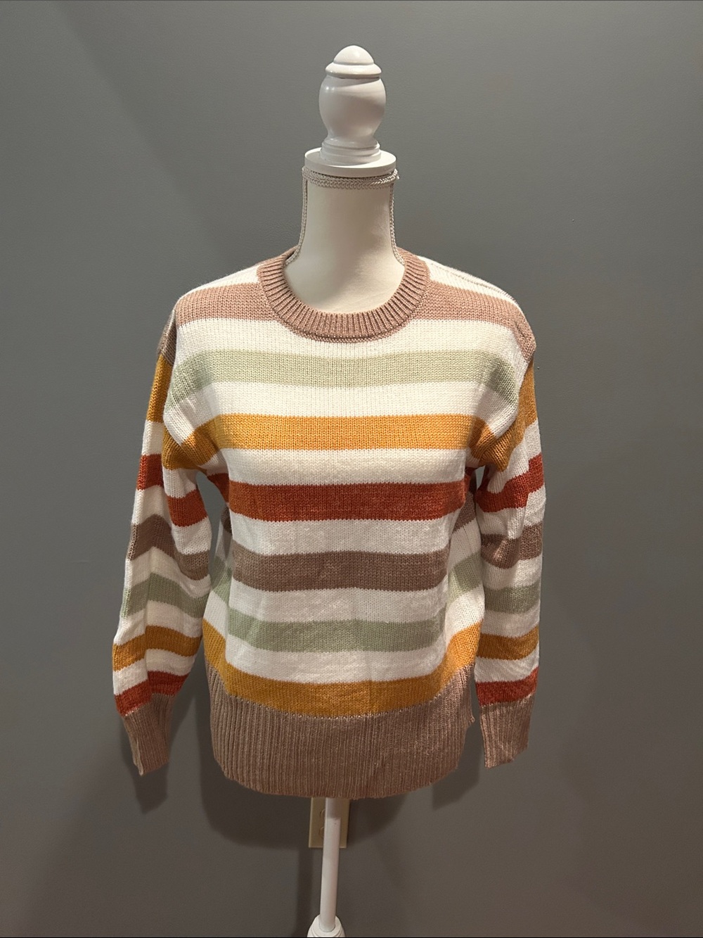 Men's Striped Crewneck Sweater in Cream, Rust & Mustard